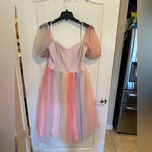 Collectif Skylar Pastel Rainbow Puff Sleeve Babydoll Swing Dress plus sz 18